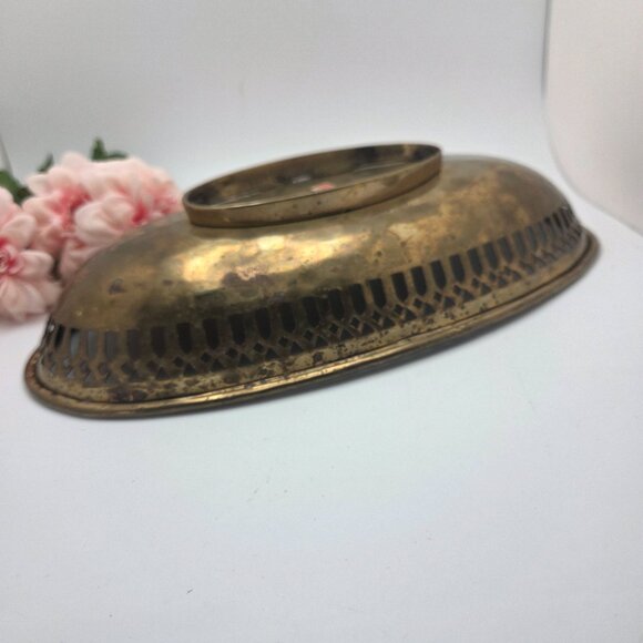 Vintage Brass Oval Shaped Bowl Vanity Tray  Reticulated Design Footed MCM - Picture 7 of 12